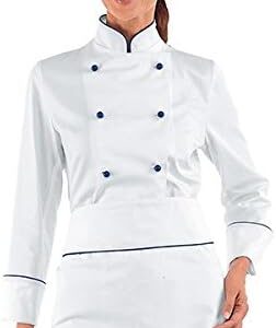 Isacco Women Chef Jacket White Blue Piping 100% Cotton - Red - XXL