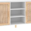 vidaXL Sideboard in White made from Solid Wood Pine and Natural Rattan - Storage Solution with 5 Compartments and Stable Wooden Feet – Fits Living Room or Bedroom - Scandinavian Style