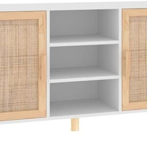 vidaXL Sideboard in White made from Solid Wood Pine and Natural Rattan - Storage Solution with 5 Compartments and Stable Wooden Feet – Fits Living Room or Bedroom - Scandinavian Style
