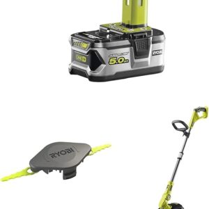 Ryobi RB18L50 ONE+ Lithium+ 5.0Ah Battery, 18 V & Ryobi Double Serrated Blades Head for RAC155 Edger Black & Ryobi OLT1832 ONE+ Cordless Grass Trimmer, 25-30cm Path (Zero Tool)