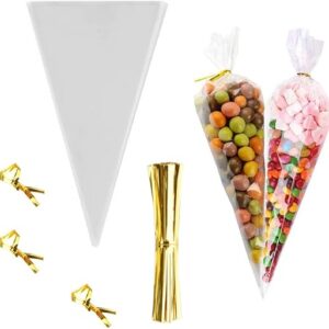 FUNNYARD Cone Bag 100PCS Mini Clear Cello Treat Bags Popcorn Bags 5.1 by 9.8 Inch Triangle Cellophane Bags with Twist Ties for Candies Handmade Cookies Wedding Birthday Pop Gift Candy Buffet Supplies