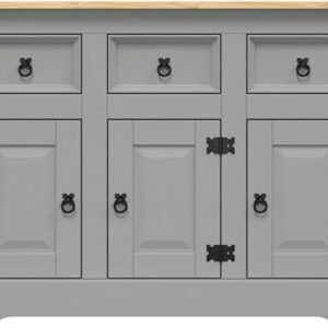 vidaXL Corona Grey Sideboard - Mexican Pine Wood, 112x43x78 cm, with Three Drawers and Three Doors, Engineered Wood Finish, Metal Handles