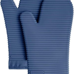 KitchenAid Ribbed Soft Silicone Oven Mitt Set, Blue Willow 2 Count