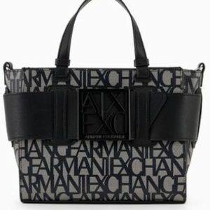 Armani Exchange Women's Medium Logo Placket Crossbody Zip Top Tote m, Beige/Black, One Size