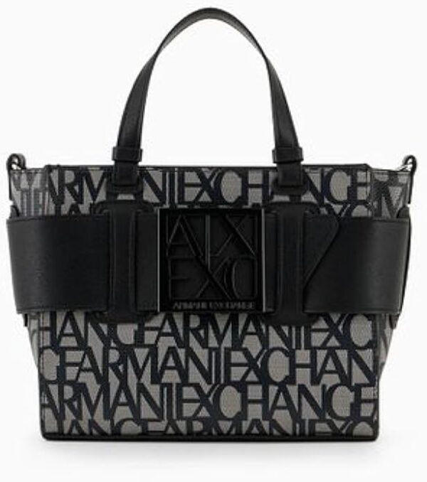 Armani Exchange Women's Medium Logo Placket Crossbody Zip Top Tote m, Beige/Black, One Size