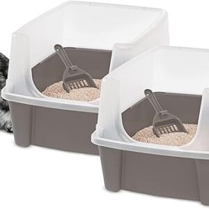 Iris Ohyama Cat Litter Tray with Scoop, Set of 2, Beige, Easy to Clean, Cat Litter Box, Detachable Spill Preventing Walls, For Kittens, Adult Cats, Rabbits, BPA Free, Open Top, Modern, CLH-12