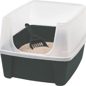 Iris Ohyama Cat Litter Tray with Scoop, Grey, Easy to Clean, Cat Litter Box, Detachable Spill Preventing Walls, For Kittens, Adult Cats, Rabbits, BPA Free, Open Top, Modern, CLH-12