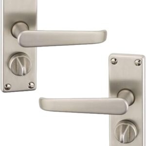 URFIC Satin Nickel Door Handle for Internal and External Doors Victorian Set of 2 Privacy Lock on Plate. Sleek Design Levers for Wooden, Kitchen and Bedroom Interior and Exterior doors