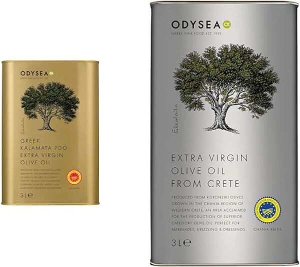 Odysea Greek PDO Kalamata Extra Virgin Olive Oil Tin, 3 Litre & Greek Extra Virgin Olive Oil PGI Chania 3L