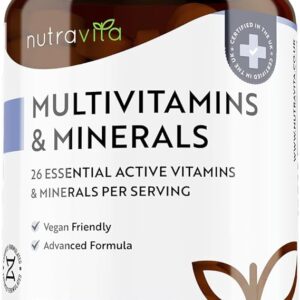 Multivitamins & Minerals - 365 Vegan Multivitamin Tablets - 1 Year Supply - Multivitamin Tablets for Men and Women with 26 Essential Active Vitamins & Minerals - Made in The UK by Nutravita