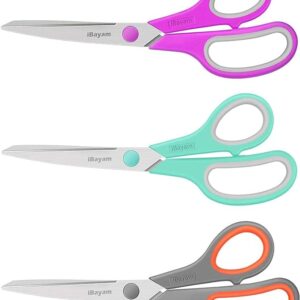 8" Multipurpose Scissors 3 Pack with Ultra Sharp Blades, Comfort-Grip Handles, Sturdy for School Home Office Art Craft Sewing Tailor Heavy Duty
