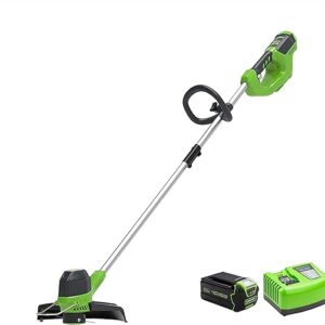 Greenworks cordless grass trimmer (Li-Ion 40V 30.5cm cutting width 7000rpm variable speed control rotatable and tiltable motor head aluminum handlebar flowerguard with 4Ah battery & charger)