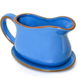 Gonioa 17oz Porcelain Gravy Boat with Saucer and Dripless Lip Spout for Gravy, Ceramic Make Warming Sauces, Salad Dressings, Milk and More Christmas Using - Microwave and Dishwasher Safe (Blue)