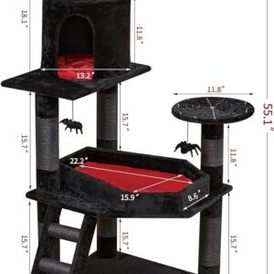 YARUOMY Gothic Cat Tree with Coffin Bed，55" Cat Tower with Spacious Cat Condo，Scratching Posts，Spider Hanging Ball，Multi-Level Cat Activities Furniture for Large Cats, Black Halloween