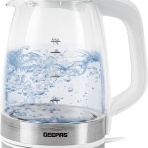 Geepas 1.7L Illuminating Electric Glass Kettle – 2200W Cordless Glass Jug Kettle with Stainless Steel Heating Element – Auto Shut Off & Boil Dry Sensor – Cord Storage, Hot Water Tea or Coffee, White