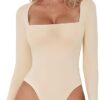 QINSEN Women's Sexy Square Neck Bodysuit Long Sleeve Double Lined Shirt Tops