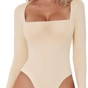 QINSEN Women's Sexy Square Neck Bodysuit Long Sleeve Double Lined Shirt Tops