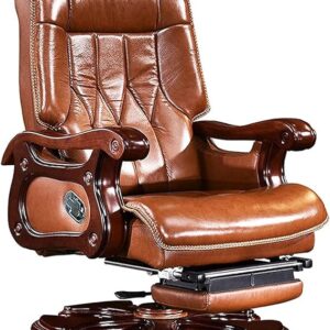 Roll over image to zoom in      SHTFFW Leather Boss Chair Solid Wood Office Chair Reclining Massage Lift Swivel Chair Home Computer Chair