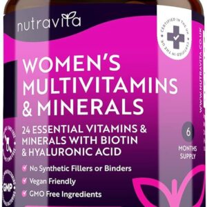 Women's Multivitamins and Minerals - 24 Essential Active Vitamins and Minerals with added Hyaluronic Acid - 180 Vegan Tablets - No Synthetic Fillers or Binders - Made in The UK by Nutravita