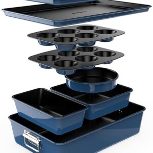 NutriChef 8-Piece Nonstick Stackable Bakeware Set - PFOA, PFOS, PTFE Free Baking Tray Set w/Non-Stick Coating, 450°F Oven Safe, Round Cake, Loaf, Muffin, Wide/Square Pans, Cookie Sheet (Blue)