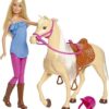 Barbie Doll, Blonde, Wearing Riding Outfit with Helmet, and Light Brown Horse with Soft White Mane and Tail, Gift for 3 to 7 Year Olds, FXH13