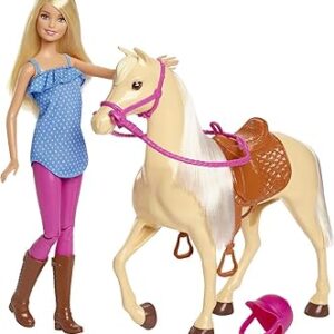 Barbie Doll, Blonde, Wearing Riding Outfit with Helmet, and Light Brown Horse with Soft White Mane and Tail, Gift for 3 to 7 Year Olds, FXH13