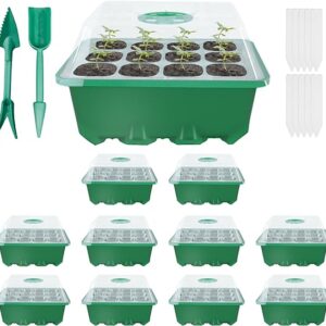 UDODIY 10 Pack Seed Trays Propagators 120 Cells Growing SeedlingTrays Thicken Plant Germination Reusable Kit with Clear Lids Adjustable Humidity Dome for Greenhouse, Garden