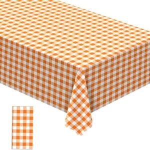 Buxiuer Orange and White Checkered Tablecloth Plastic Fall Thanksgiving Decoration Buffalo Check Plaid Disposable Table Cloth Table Cover Dining Room Kitchen Decor 54 x108 Inch -Pack of 1