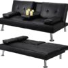 Yaheetech Click Clack Sofa Bed Faux Leather 3 Seater Sofa Couch Living Room/Spare Room/Guest Room Bed Settee With Cup Holders Black