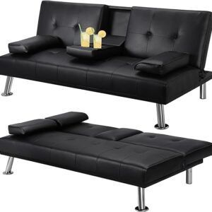 Yaheetech Click Clack Sofa Bed Faux Leather 3 Seater Sofa Couch Living Room/Spare Room/Guest Room Bed Settee With Cup Holders Black