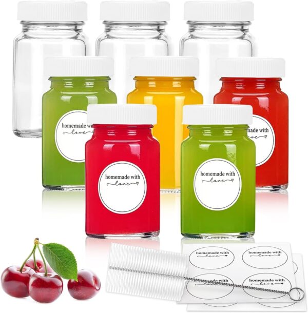 8pcs 2oz Glass Juice Bottles with Lids and Labels, Reusable Small Clear Jar for Juice, Ginger, Wellness Shot, Sample, Travel Portable Mini Bottles with Wide Mouth, Leakproof, Dishwasher Safe Brand: Showvigor