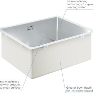 GROHE K700 - Stainless Steel Kitchen Sink with Overflow (Undermount, Top Mount or Flush Mount, 1 Bowl 50x40x20 cm, Thickness 1 mm, Waste Kit, Basket Strainer Waste, Mounting Set), 55x45 cm, 31574SD1