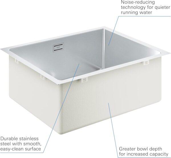 GROHE K700 - Stainless Steel Kitchen Sink with Overflow (Undermount, Top Mount or Flush Mount, 1 Bowl 50x40x20 cm, Thickness 1 mm, Waste Kit, Basket Strainer Waste, Mounting Set), 55x45 cm, 31574SD1