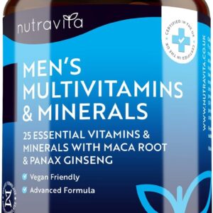 Men's Multivitamins and Minerals - 25 Essential Active Vitamins and Minerals with Added Maca Root and Panax Ginseng - 180 Vegan Tablets - Made in The UK by Nutravita