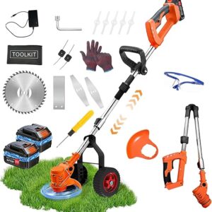 Electric Cordless String Trimmer,Battery Powered Weed Wacker with Blades, 4-in-1 Weed Eater Grass Trimmer, Mini-Mower, Wheel Edger, Brush Cutter