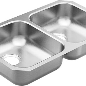 Moen GS20214B 2000 Series 31.25-inch 20 Gauge Undermount Double Bowl Stainless Steel Kitchen Sink, Rear Drain