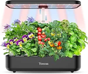Yoocaa 12 Hydroponics Growing System, 19.4'' Height Adjustable Herb Garden with Led, Indoor Gardening System, Gardening Gifts for Women Mom (Black)