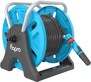 Flopro-EVERYDAY garden hose reel 20m: 2-in-1 ideal as free standing or wall mounted hose reel. Robust frame for stability. Complete with SUPERGRIP hose pipe connector set & nozzle- Fits all brands