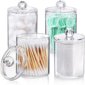 AOZITA 4 Pack Cotton Pad, Cotton Buds Holder Dispenser for Cotton Ball, Swab, Round Pads, Floss - 10 oz Clear Plastic Apothecary Jar Set Bathroom Canister Storage Organization, Vanity Makeup Organizer