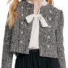 GOELIA Tweed Cropped Blazer Jacket for Women 2023 Open Front Long Sleeve Slim Fit Business Casual Glitter Blazer