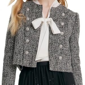 GOELIA Tweed Cropped Blazer Jacket for Women 2023 Open Front Long Sleeve Slim Fit Business Casual Glitter Blazer