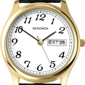 Sekonda Mens 38mm Hughes Gold Classic Quartz Watch with Day Date Function and Black Leather Strap