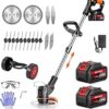 Electric Weed Wacker 21V Cordless Weed Wacker, 2X 4.0Ah Battery Powered Weed Trimmer, Adjustable Lightweight Wheeled Grass Trimmer, Contain 4 Function Blades,for Lawn Yard Garden