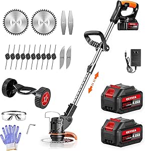 Electric Weed Wacker 21V Cordless Weed Wacker, 2X 4.0Ah Battery Powered Weed Trimmer, Adjustable Lightweight Wheeled Grass Trimmer, Contain 4 Function Blades,for Lawn Yard Garden