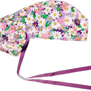 Scrub Cap with Buttons - Cotton Hat with Sweatband, Adjustable Tie Back for Ponytail (Randomly Paired with Hair Ring)