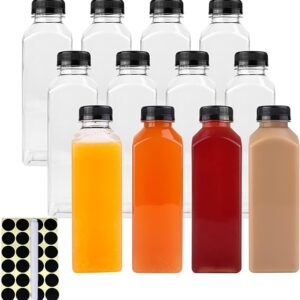 Happybase 16oz Plastic Juice Bottles, 12pcs 500ml Juice Bottles with Caps, Reusable Drink Containers with Black Lid, Clear Smoothie Bottles for Juice Milk Homemade Beverages (1 Pen, 24 Labels)