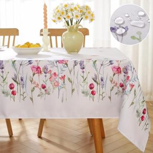 SASTYBALE Spring Tablecloth for Rectangle Tables, Spill Proof & Washable Floral Table Cloth with Watercolor Wild Flowers, Easter Table Cover for Outdoor Picnic, Dinner Decor (Rectangle, 60" x 84")
