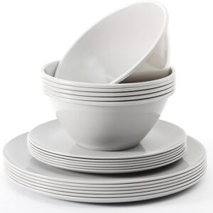 Youngever 18 Pieces Re-usable Plastic Kitchen Dinnerware Set, Plates (20CM & 25CM), Bowls (1000ML), Service for 6 (Grey)