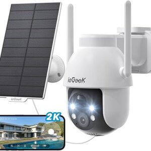 ieGeek 2K Solar Security Camera Outdoor Wireless, 360° Pan Battery Camera with Solar Panel, Wifi CCTV Camera Systems, Color Night Vision, PIR Motion Detection, 2-Way Audio, Works with Alexa