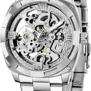 carlien Skeleton Automatic Steampunk Watches Gold-Tone Luminous Hands Leather Strap Wrist-Watch